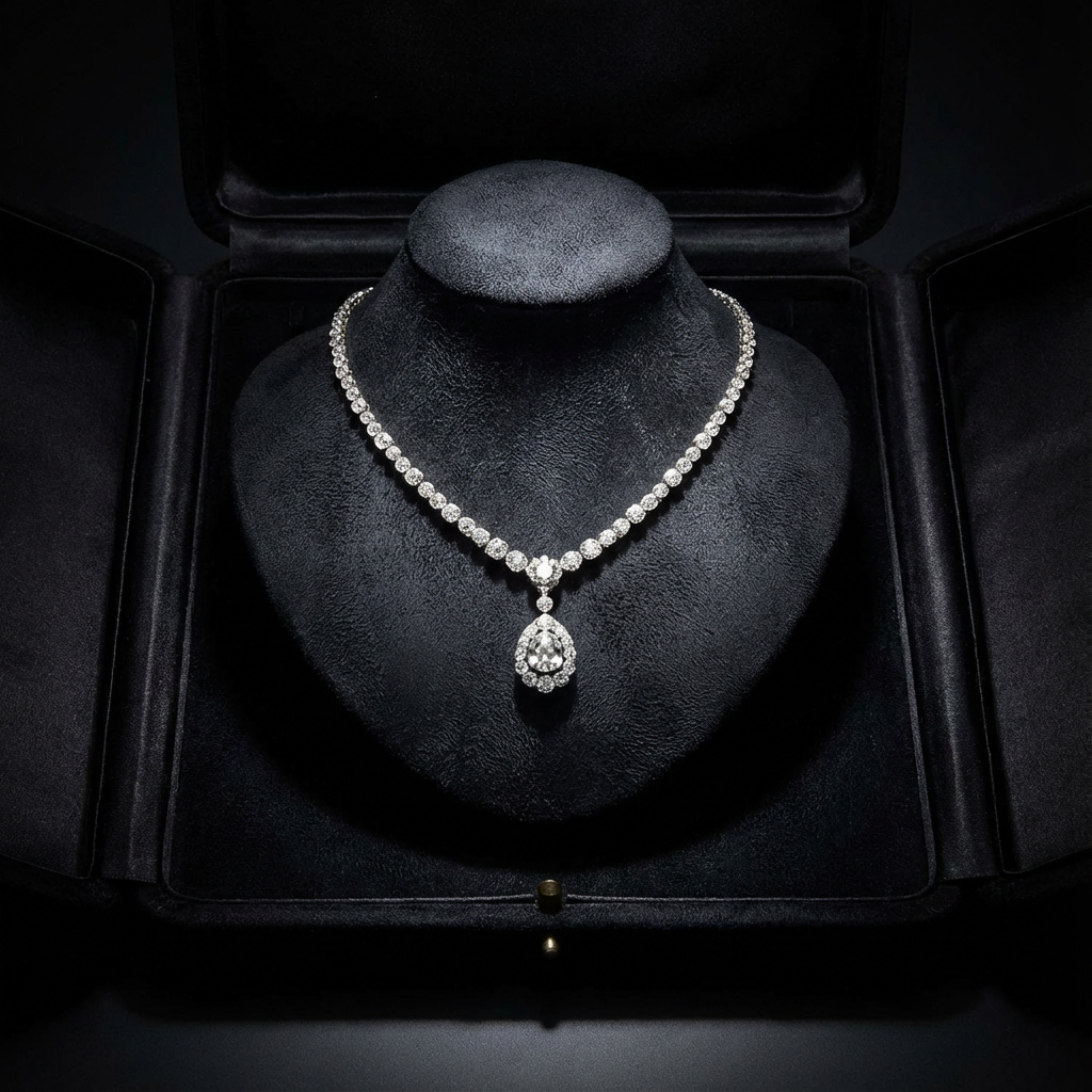 Diamond necklace presented on black velvet